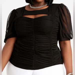 ASHLEY STEWART size 14/16 black ruched cutout mesh top with stretch.